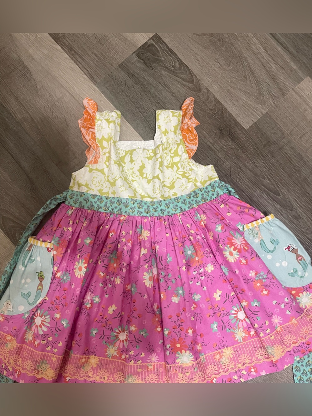 Matilda Jane Girls Floral Patchwork Top with Mermaids on pockest Size 8